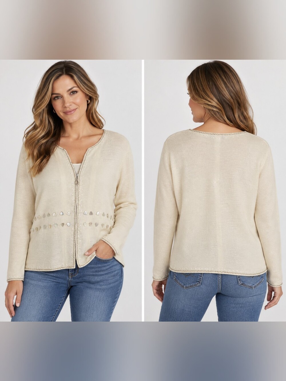 Vintage Nygard Collection M Cream Wool Metallic Beaded Zip Cardigan Jacket
